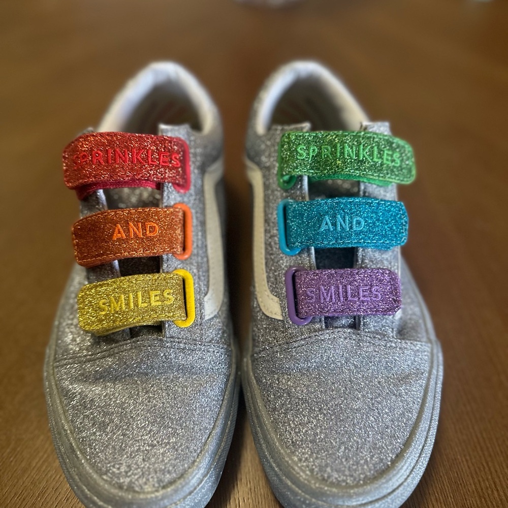 Glitter rainbow Vans colab velcro red and pink bottoms like new